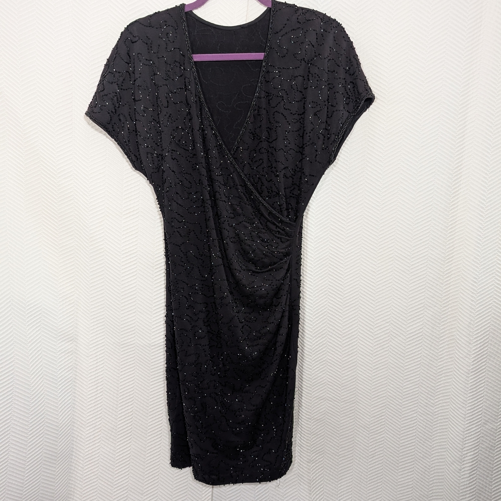 Vintage Black Beaded Cocktail Dress Handmade Look Stretch Fit Medium